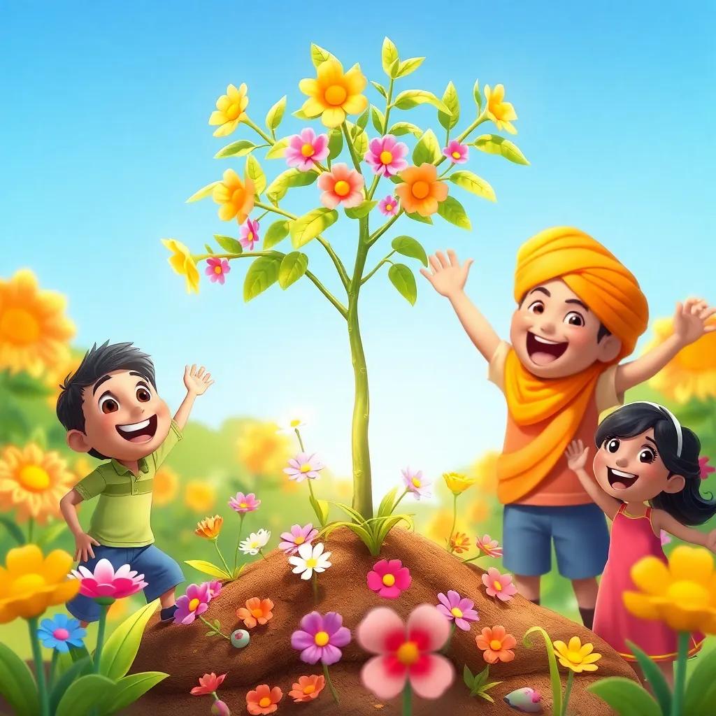 The young tree growing with vibrant flowers around it, with Ghassan and his friends celebrating, joyful scene, cheerful colors, community spirit, high quality