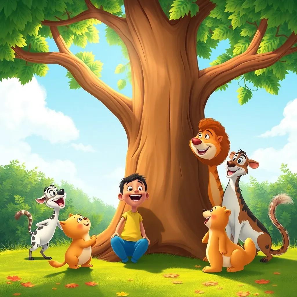 Ghassan and his animal friends playing and laughing around the new tree, with the sun shining bright, illustration, happy environment, lively colors, high quality