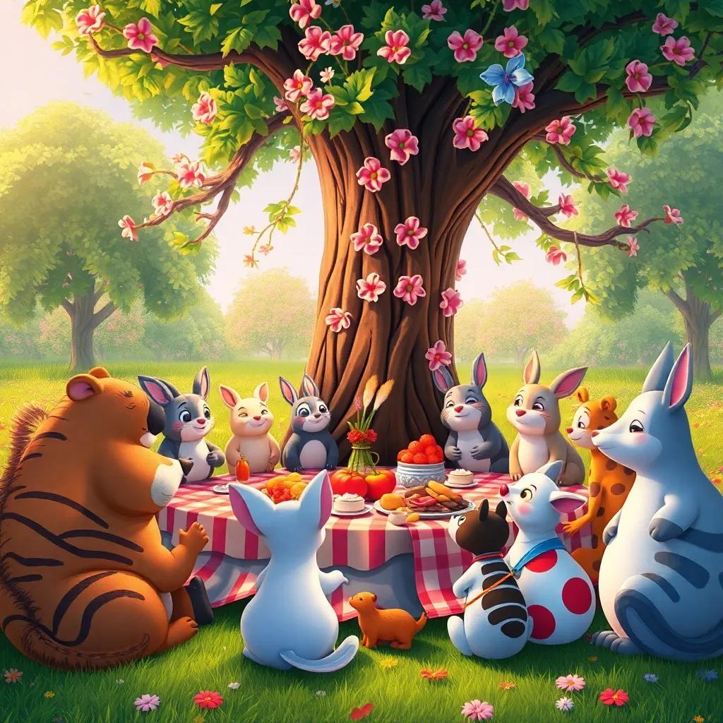 Animals gathering around the tree for a picnic, decorated with flowers, joyful atmosphere, vibrant colors, digital art, community celebration, high quality
