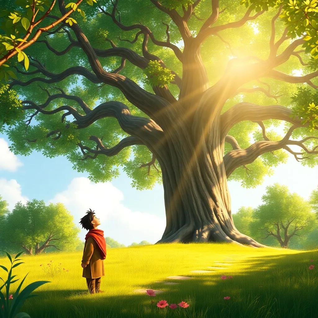 Ghassan looking proudly at the tree, now fully grown and majestic, as sunlight streams through the branches, illustration, beautiful nature setting, heartwarming, high quality
