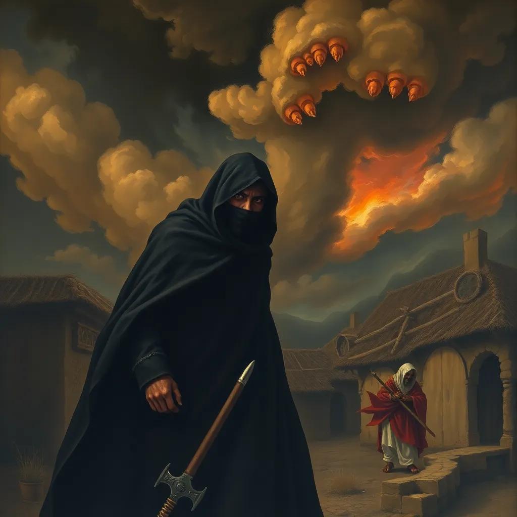 A shadowy figure, a wicked man, standing menacingly near Bilal in a dark village, his eyes filled with anger, ominous clouds gathering above, contrasting colors, engaging composition, high quality
