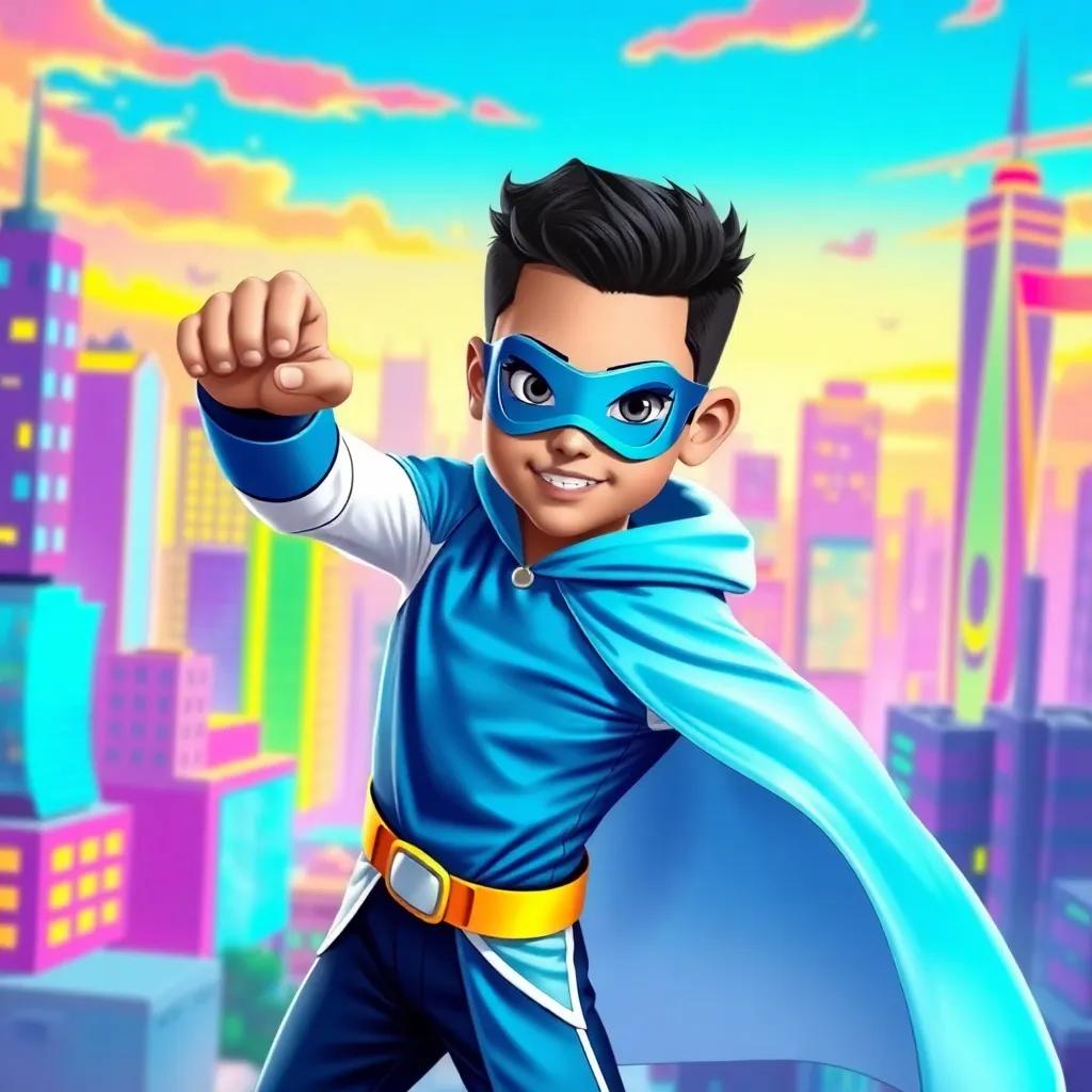 A superhero named Ghost, a young Arab boy with short black hair, wearing a bright blue and white superhero outfit with a cape, striking a heroic pose against a colorful backdrop of a vibrant city skyline, action scene, vibrant colors, dynamic, high energy, child-friendly