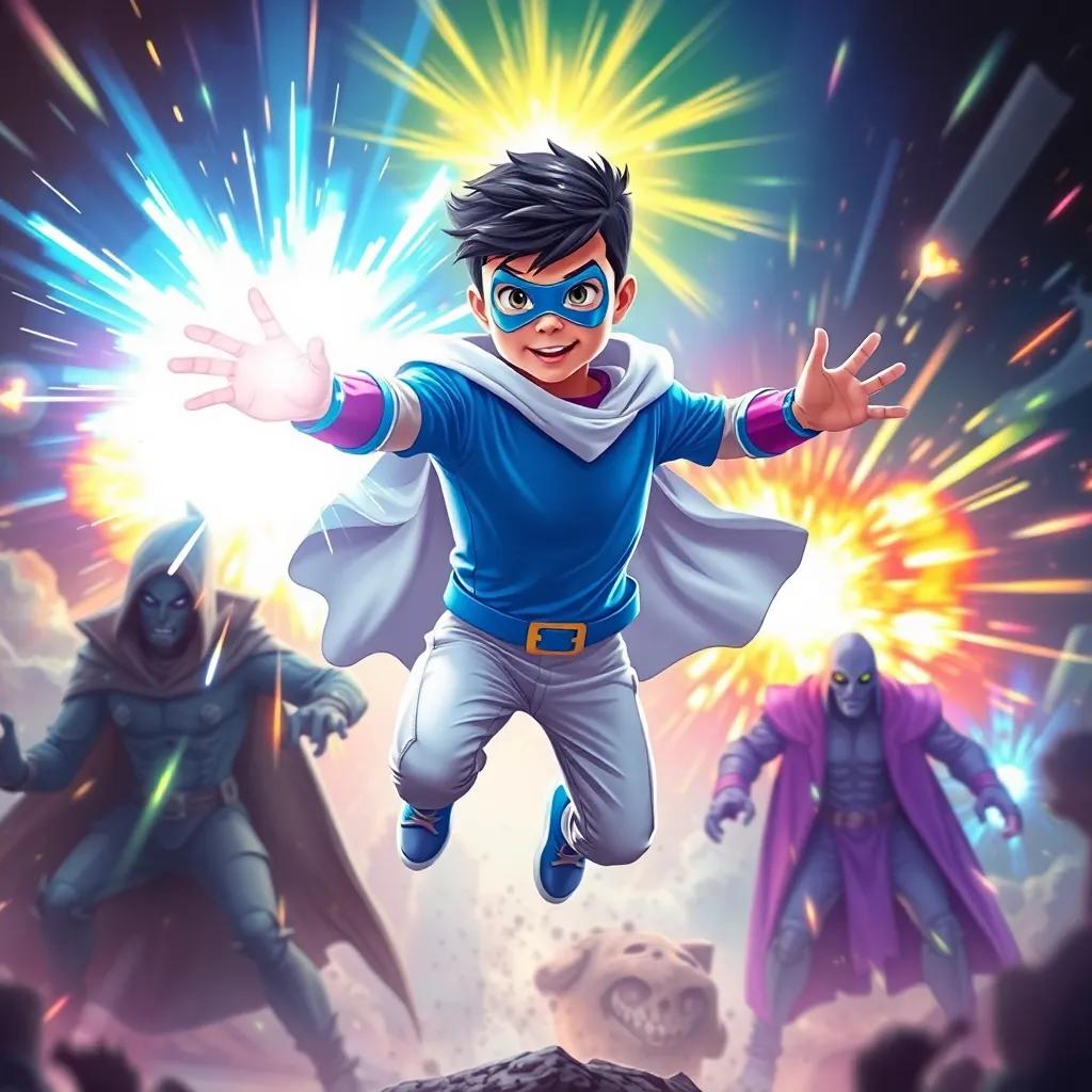 Ghost, a young Arab boy in a bright blue and white superhero outfit with a cape, unleashing a magnificent burst of energy from his hands while battling a group of shadowy villains, surrounded by rays of light and colorful explosions, epic battle scene, dramatic lighting, action-packed, child-friendly