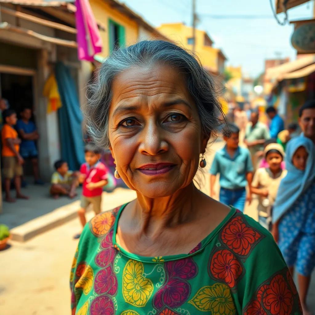 A simple neighborhood bustling with life, featuring a middle-aged woman, Fatima, with kind eyes, wearing a colorful dress. In the background, children play and adults talk, creating a lively atmosphere, cheerful, vibrant colors, digital painting, warm lighting