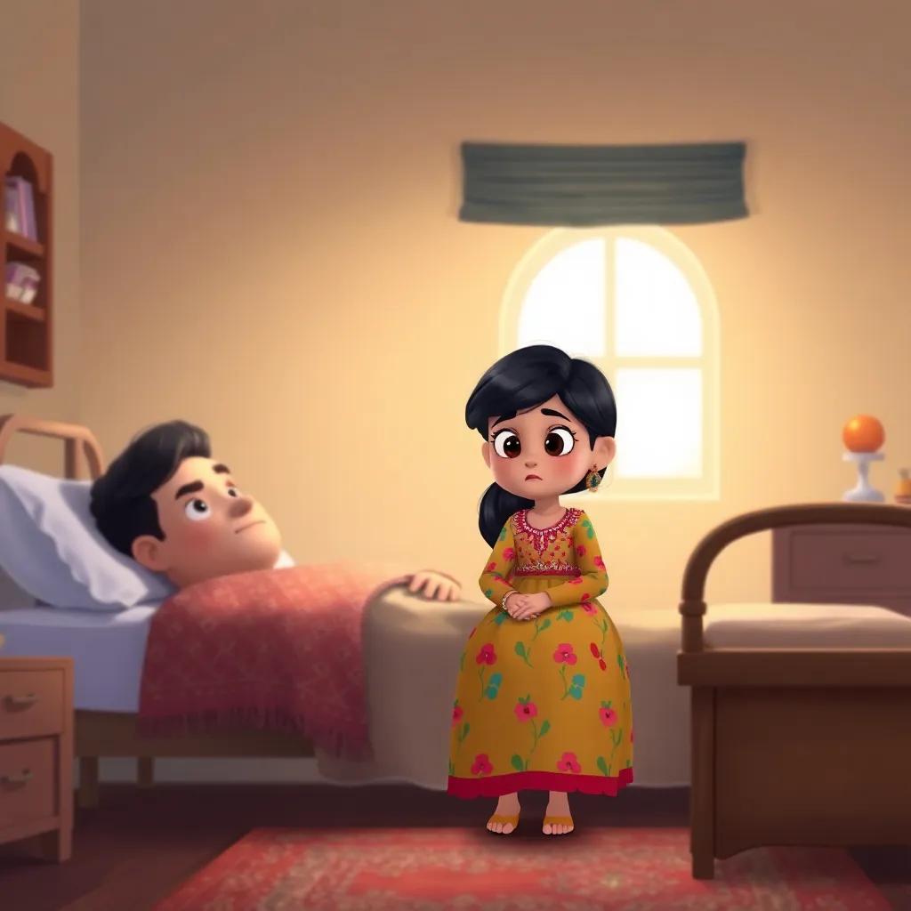 A young Arab girl, Fatima, with dark hair in a colorful dress, sitting by her sick father's bed, looking worried, warm room with soothing light, illustration, heartfelt, child-friendly, high quality