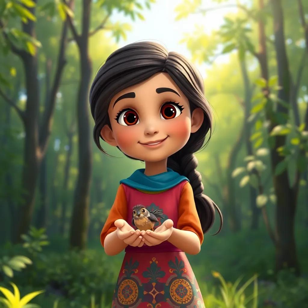 A young Arab girl, Fatima, with dark hair in a colorful dress, outside in a green forest, holding a small injured bird in her hands, soft sunlight filtering through the trees, digital art, cheerful, adventure-themed, high quality