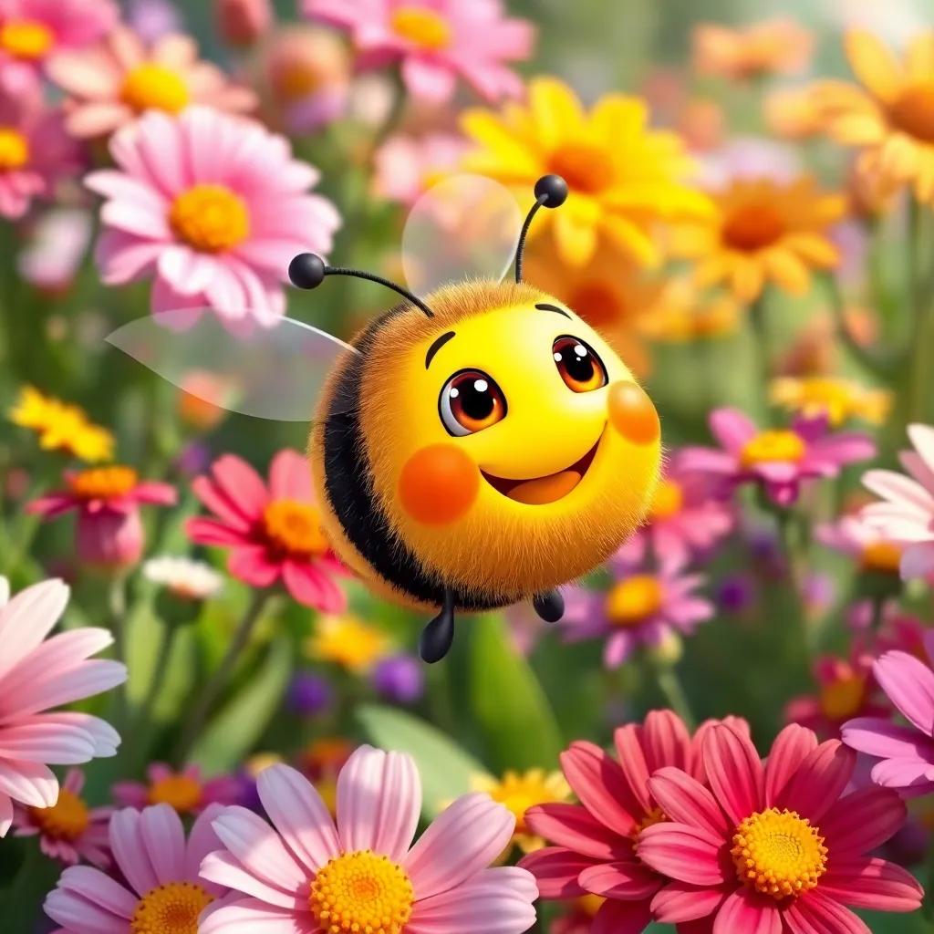 A small bee named Farfour, with bright yellow and black stripes, buzzing happily in a colorful flower garden, surrounded by blooming flowers, digital art, vibrant colors, cheerful atmosphere, high quality