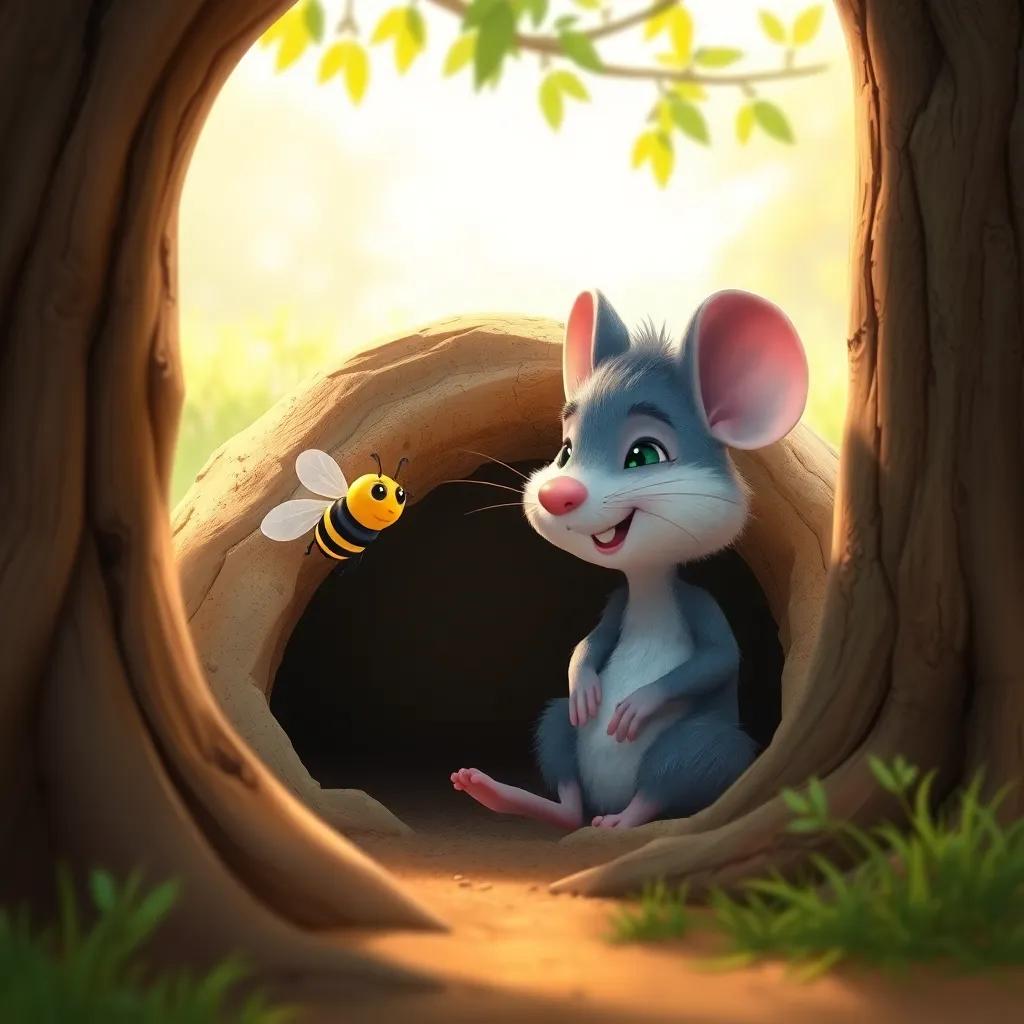 Farfour the bee visiting Fahd, a cute mouse with soft gray fur, sitting at the entrance of a burrow under a tree, smiling, morning sunlight, warm colors, friendly scene, high quality