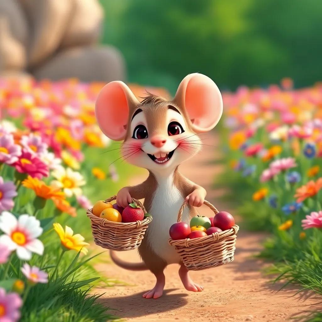 Fahd the mouse carrying delicious fruits in a small woven basket, looking excited and cheerful as he walks with Farfour towards a colorful flower field, detailed illustration, colorful, lively scene, high quality