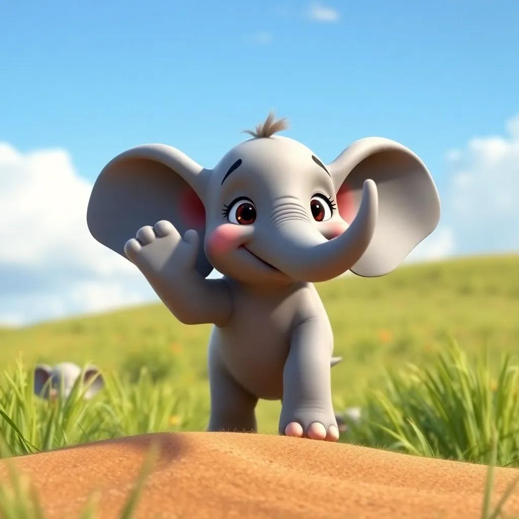 Above the field, a small elephant named Foog, with large ears and a playful expression, waving at Farfour and Fahd, bright sky and green grass around, playful atmosphere, high quality