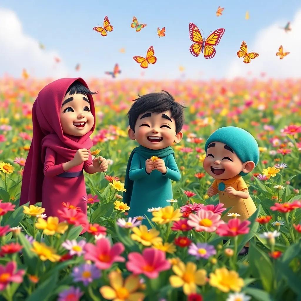 Farfour, Fahd, and Foog playing together in a lush flower field, picking flowers and laughing, vibrant colors, joyful atmosphere with colorful butterflies flying around, high quality