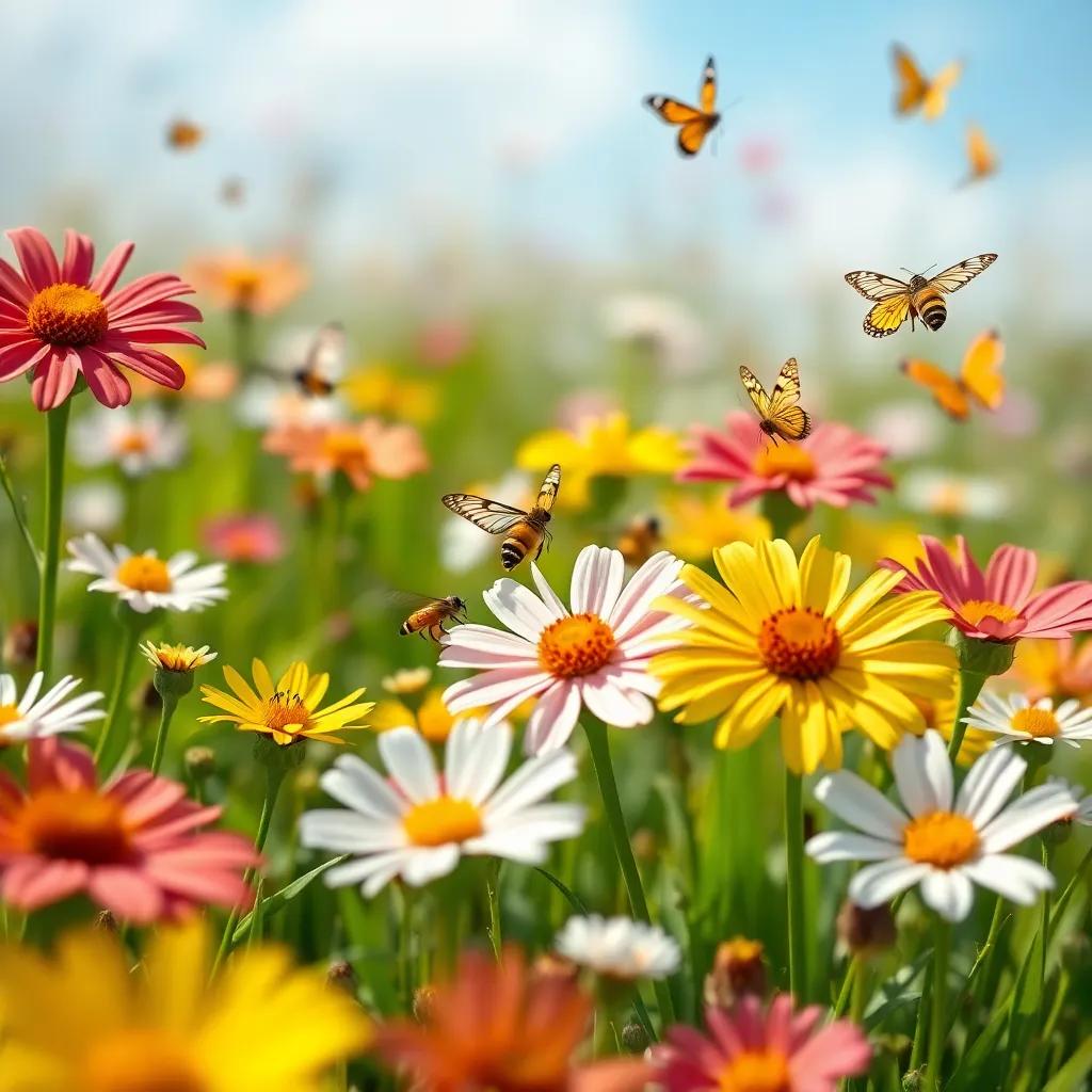 A close-up of beautiful flowers with bright colors in the field, surrounded by buzzing bees and fluttering butterflies, creating a magical spring scene, digital art, lively and colorful, high quality
