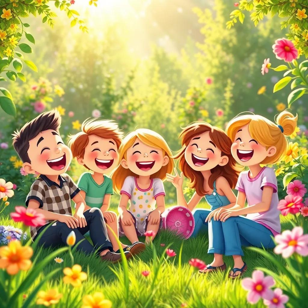 Laughter and joy filling the garden with the friends playing together, showing vibrant spring colors, bright sun shining down, a sense of happiness and friendship, digital art, cheerful tone, high quality