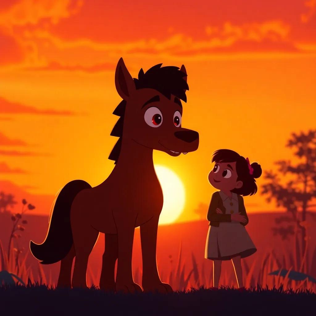 Farfour saying goodbye to his friends as the sun sets behind them, a beautiful orange sky with silhouettes of the friends, warm feelings of friendship, high quality