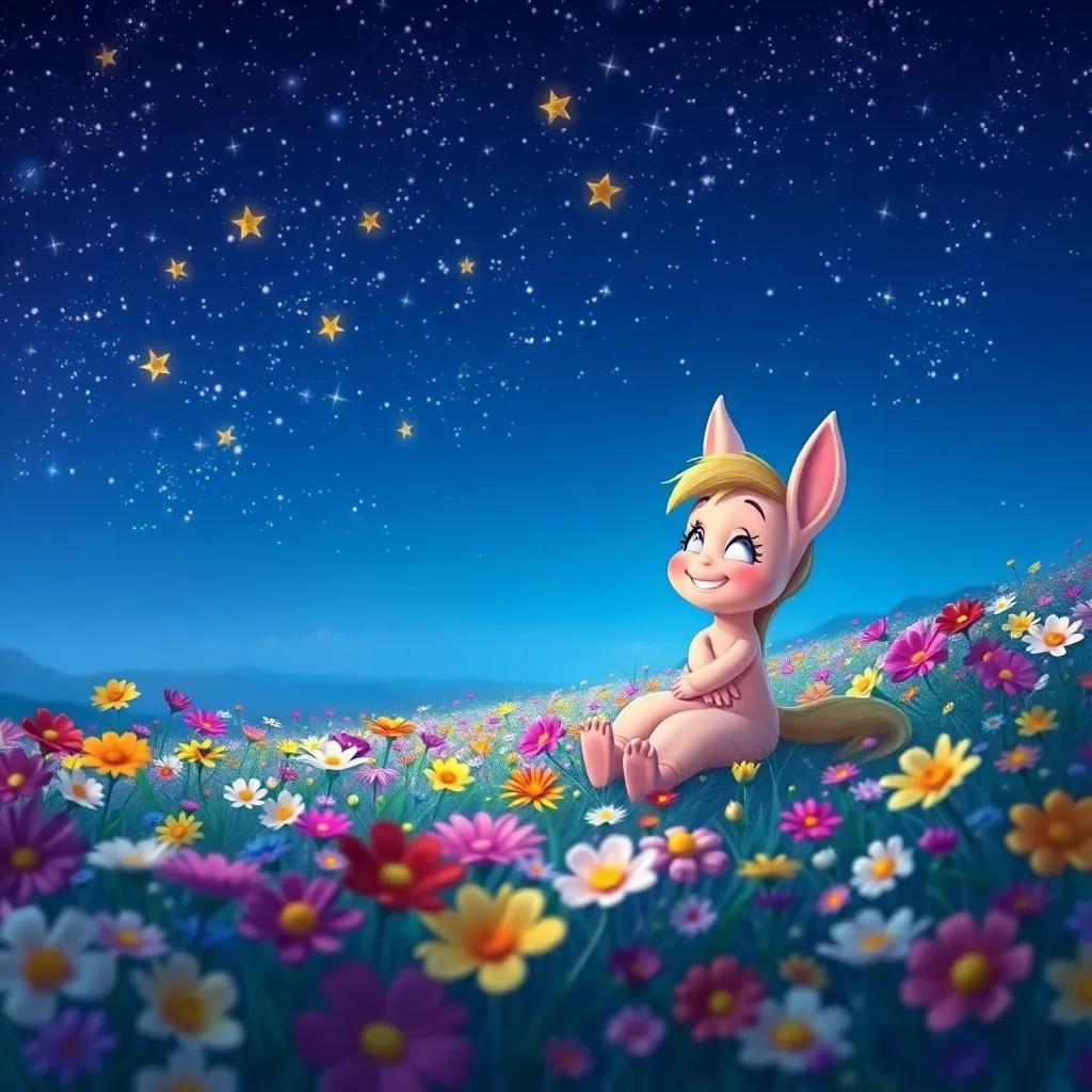 Farfour dreaming about their adventure in a flower field, surrounded by colorful flowers and happy memories, night sky with twinkling stars, whimsical atmosphere, high quality