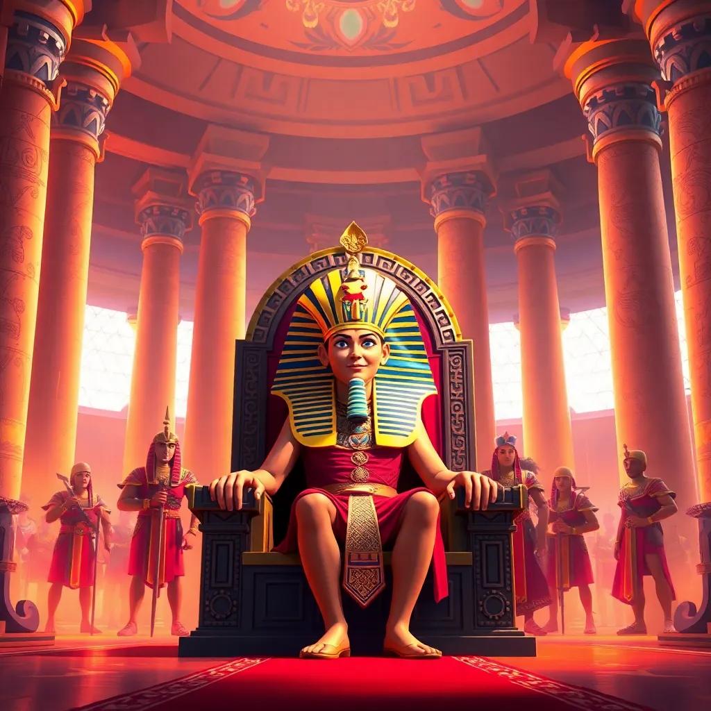 A Pharaoh sitting on a grand throne in a large palace, wearing a golden crown and royal robes, surrounded by guards, a lively scene, digital art, warm colors, vibrant atmosphere, high quality