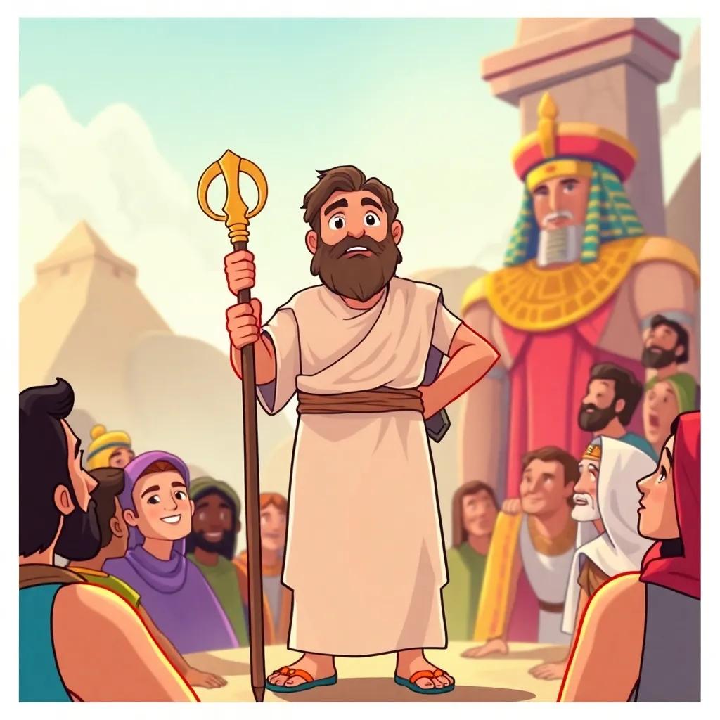 Moses standing boldly in front of the Pharaoh, with determination in his eyes, wearing a simple robe and holding a staff, surrounded by his people, colorful illustration, uplifting mood, harmony in the air, high quality