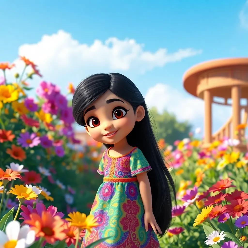 A young Arabic girl, Farida, with long black hair wearing a colorful dress, playing in a vibrant garden full of flowers under a clear blue sky, digital art, bright colors, cheerful atmosphere, high quality