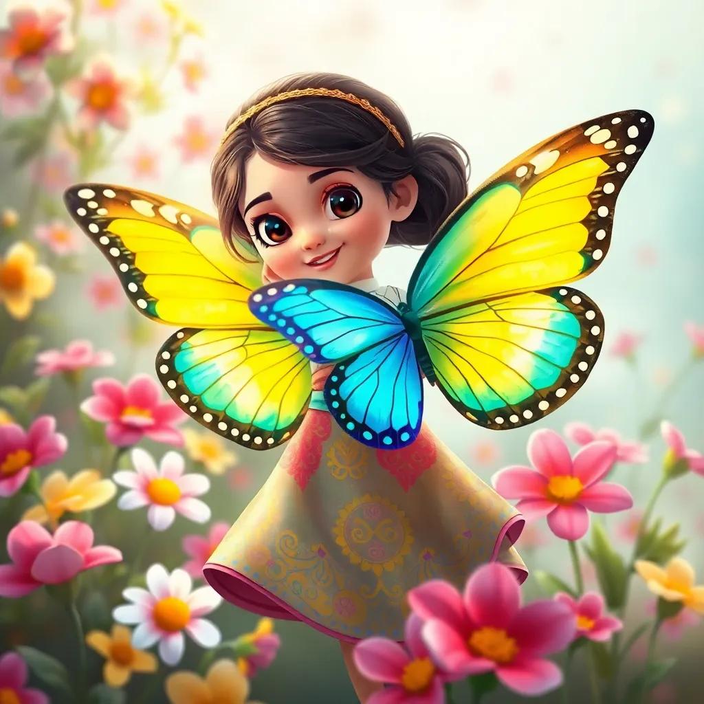 A beautiful butterfly with bright blue and yellow colors flying around Farida, a young Arabic girl in a colorful dress, surrounded by blooming flowers, illustration, magical and joyful, child-friendly