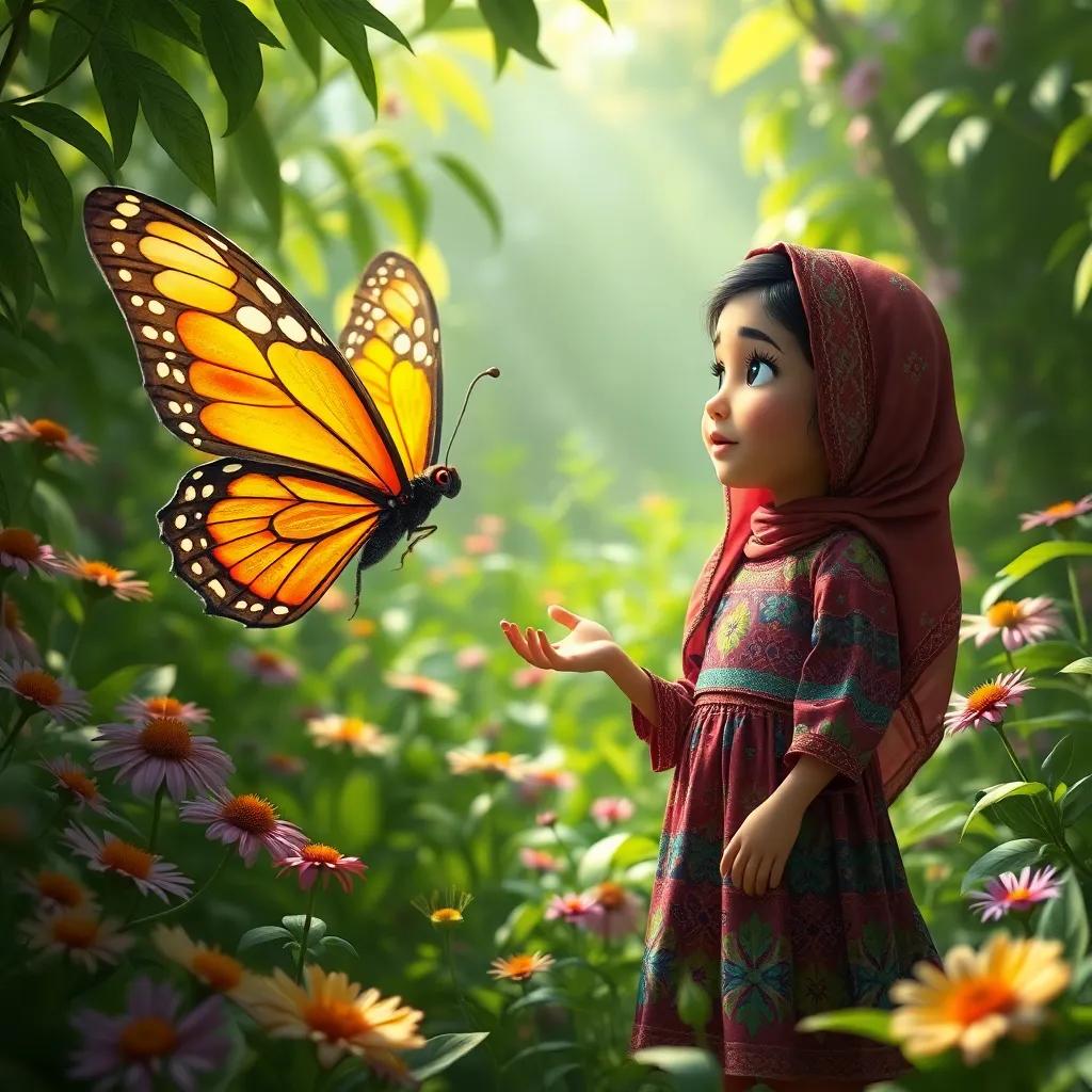 A magical butterfly speaking to Farida, a young Arabic girl in a colorful dress, in a lush green forest filled with unusual flowers, light filtering through the leaves, fantasy art, captivating, immersive