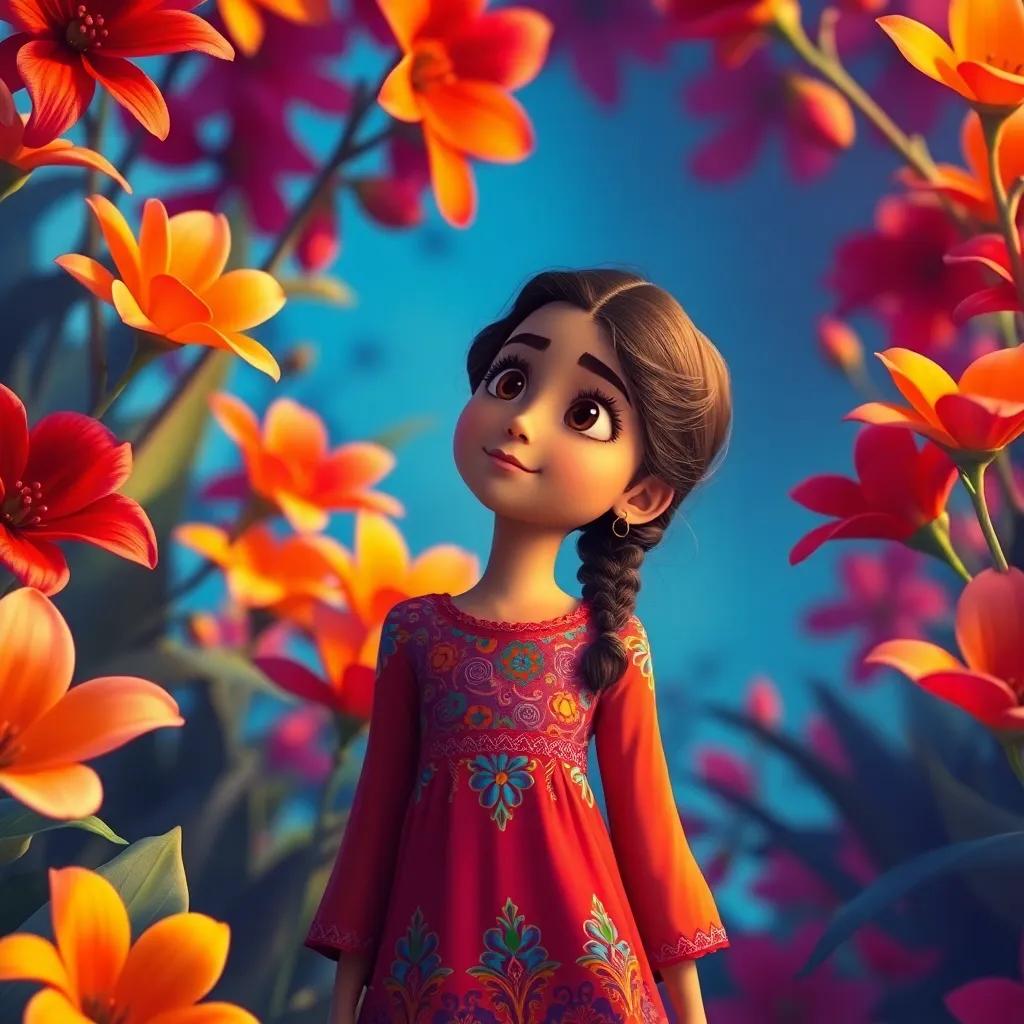 Farida, a young Arabic girl in a colorful dress, standing amid exotic flowers of vibrant colors like bright red and orange, with a look of wonder on her face, artwork, vivid and enchanting, storytelling