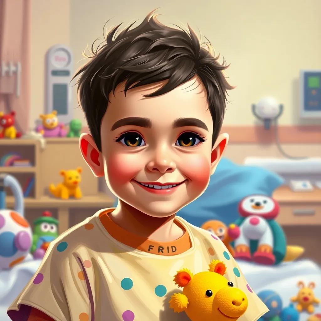 A small brave boy named Farid, smiling with determination, in a hospital room, wearing a patient gown, colorful toys around, digital art, warm light, cheerful atmosphere, high quality