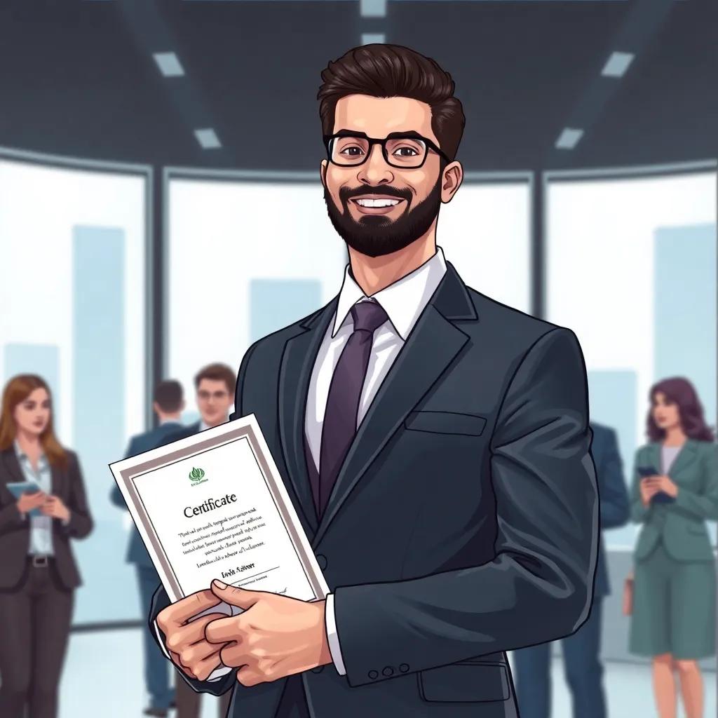 Farid, a grown-up with a confident smile, in a modern office environment, wearing a sharp suit, holding a certificate, surrounded by colleagues, illustration, professional, inspiring theme, high quality