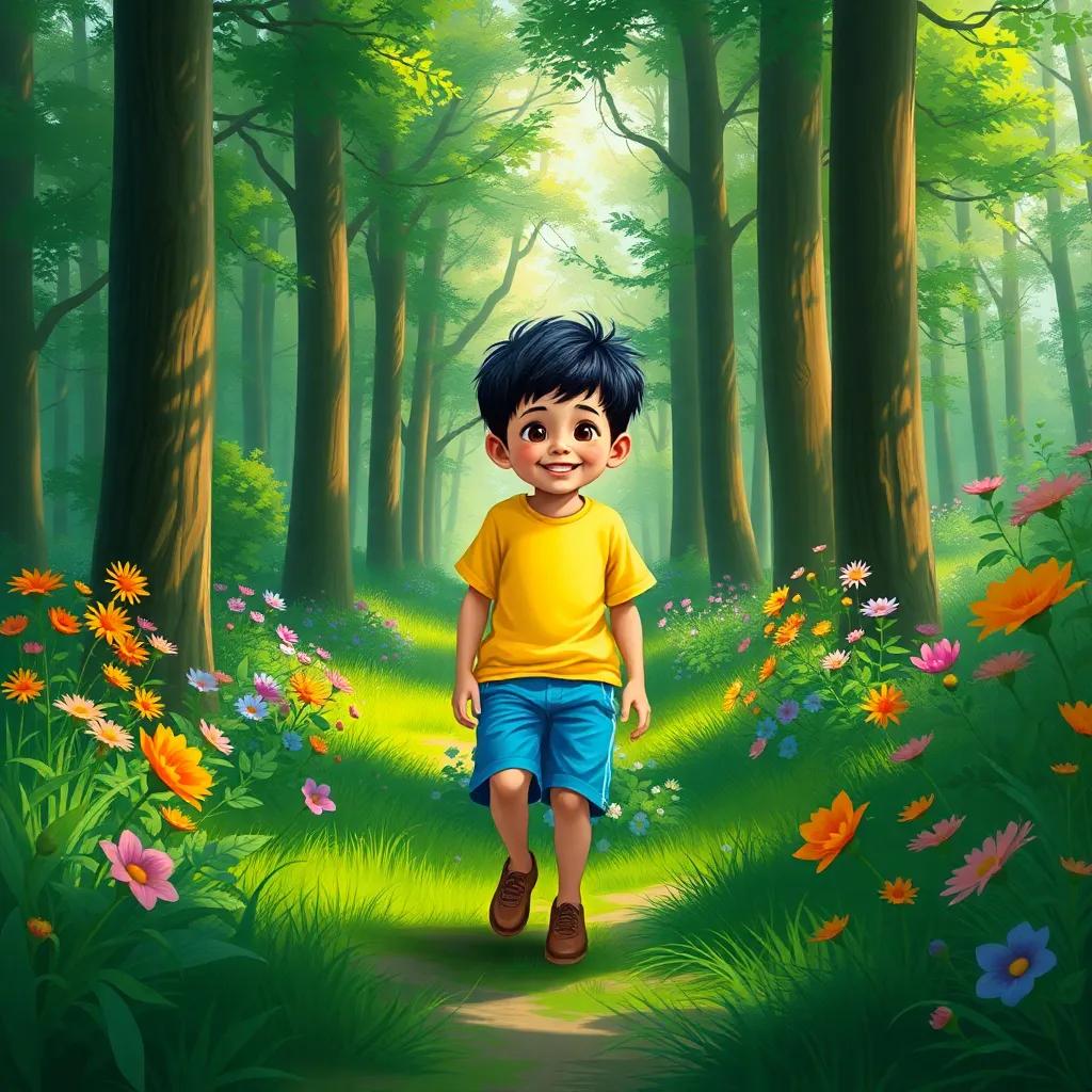 A young boy, Fared, with short black hair, wearing a yellow t-shirt and blue shorts, walking joyfully in a green forest surrounded by tall trees and colorful flowers, digital art, bright colors, cheerful atmosphere, high quality