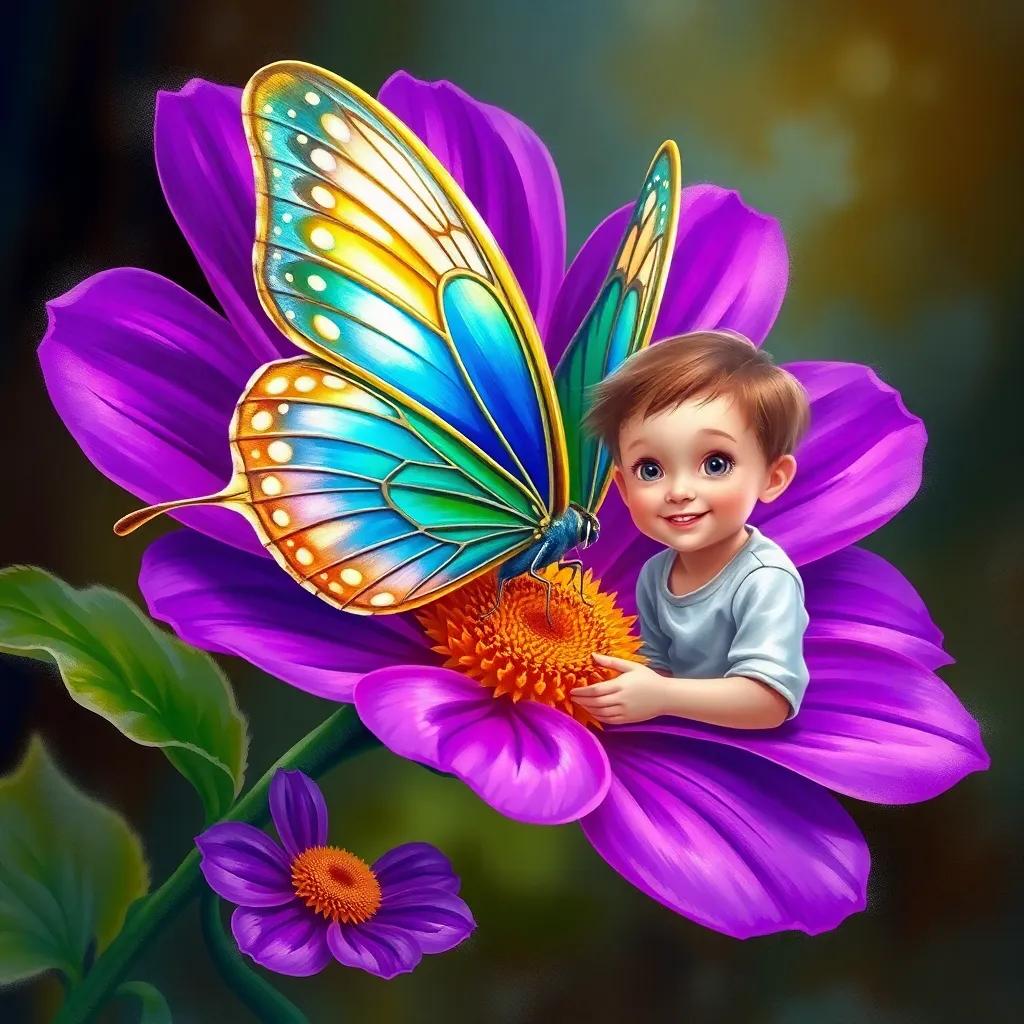 A colorful butterfly with blue, green, and silver wings, perched delicately on a vibrant purple flower, with Fared, a young boy, sitting nearby, amazed and smiling, illustration, magical feel, child-friendly