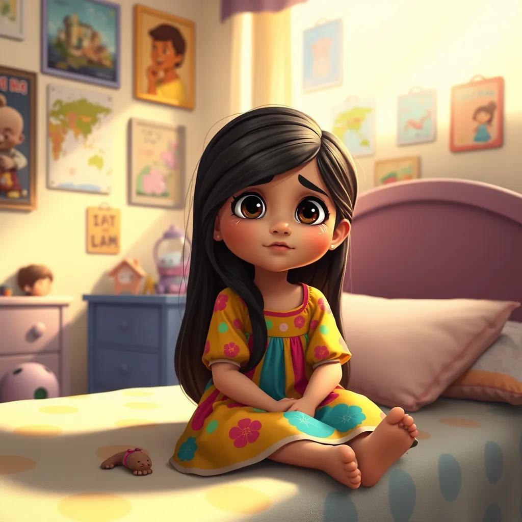 A young Arab girl, Fatouma, with long, dark hair, wearing a colorful dress, sitting on her bed with tears in her eyes, room decorated with posters and toys, soft morning light, warm colors, child-friendly, high quality