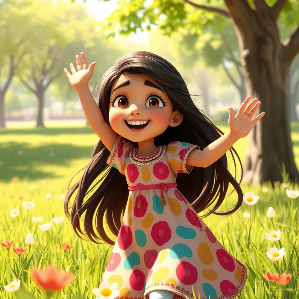 Fatouma, a young Arab girl, with long, dark hair in a colorful dress, playing joyfully in a sunny park with green grass and flowers, bright cheerful scene, vibrant colors, fun and adventure, high quality