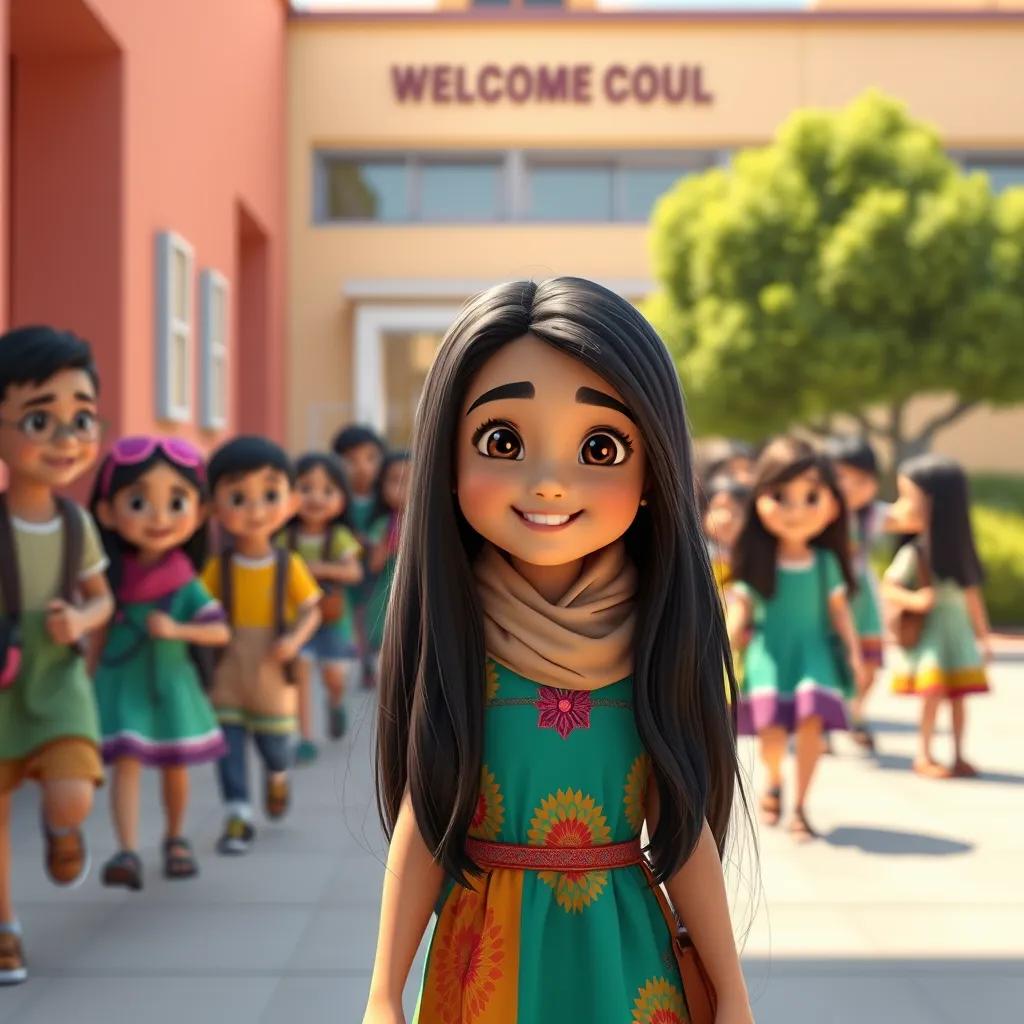 Fatouma, a young Arab girl, with long, dark hair in a colorful dress, walking into her school, surrounded by cheerful classmates, bright school building, happy expression, welcoming atmosphere, high quality