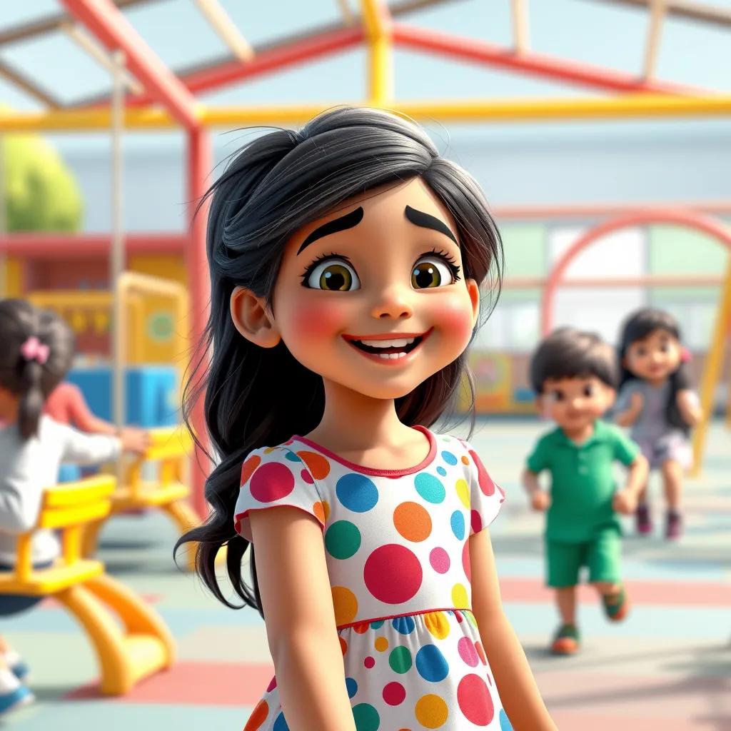 Fatouma, a young Arab girl, with long, dark hair in a colorful dress, smiling widely while playing with friends at school, colorful playground with swings and slides, lively and fun, bright colors, joyful moment, high quality