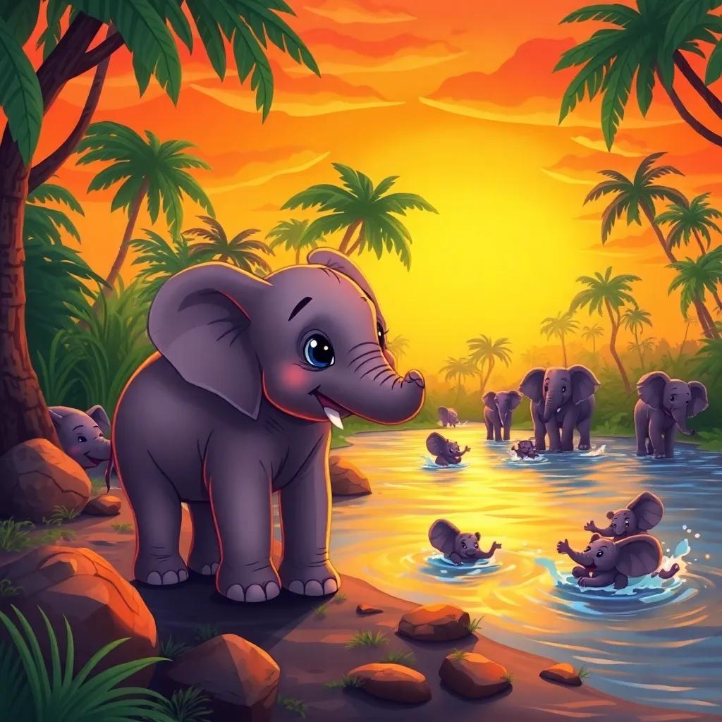 A vibrant jungle setting at sunset, with orange and golden skies. A small elephant named Filon, a young African elephant, looking curiously at the river while other elephants play joyfully in the water nearby, digital art, colorful, warm hues, inviting atmosphere, high quality