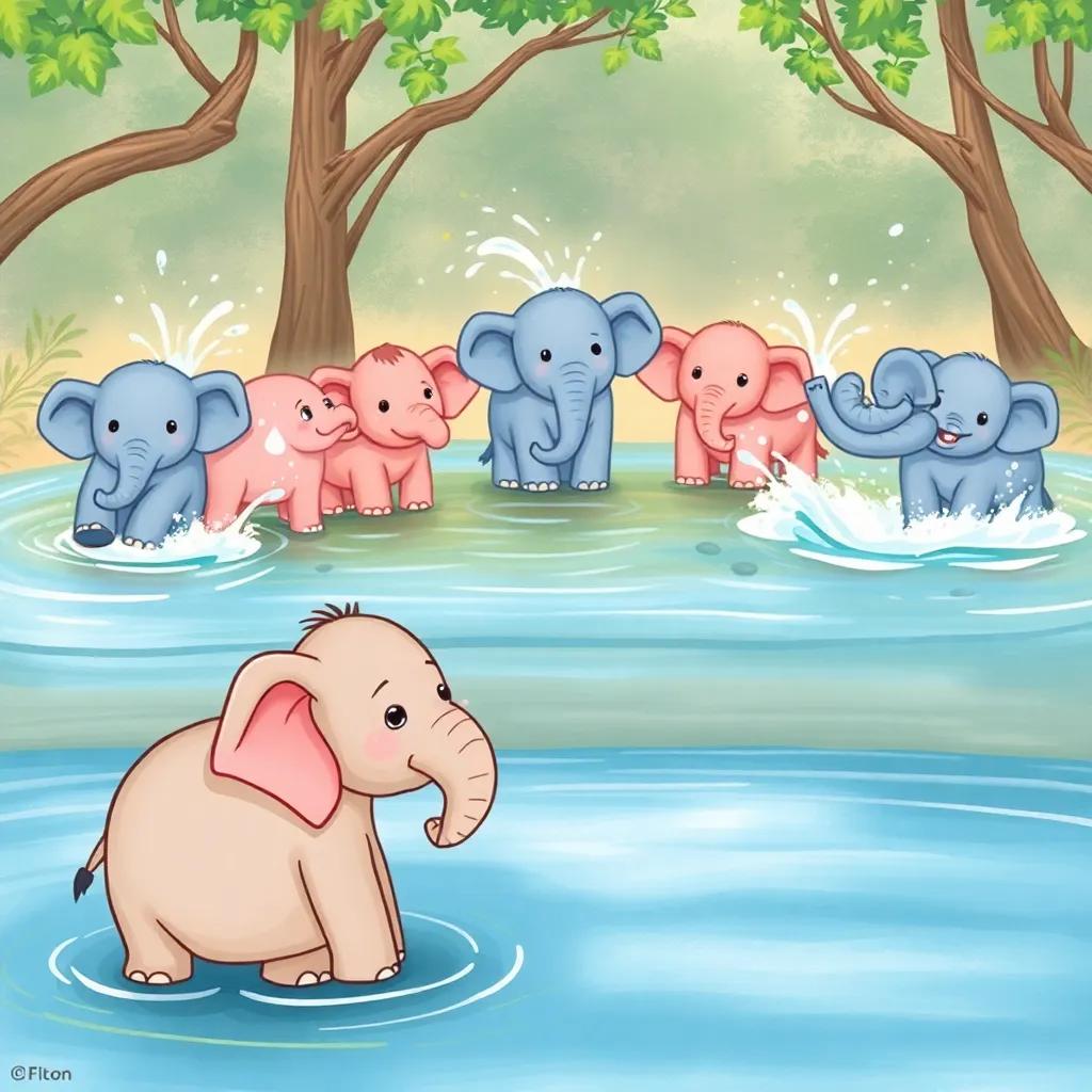 A scene where Filon, the small elephant, is observing his friends playing in the river with a sad expression. Other elephants are splashing water and laughing, creating a cheerful yet lonely atmosphere, illustration, colorful, emotional scene, child-friendly, high quality