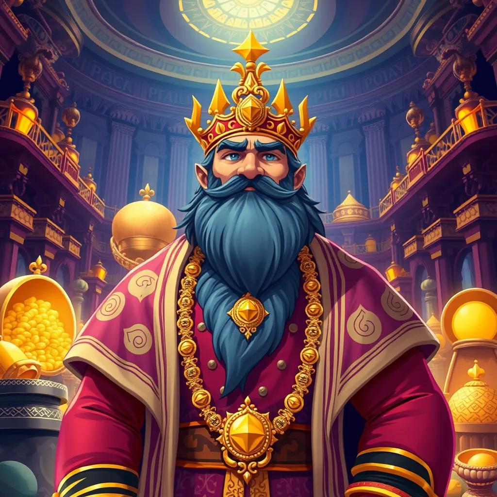 A rich man, Qarun, with lavish clothing and golden jewelry, standing in front of a grand palace filled with treasures, luxury items surrounding him, digital art, opulent colors, a proud and arrogant expression, high quality