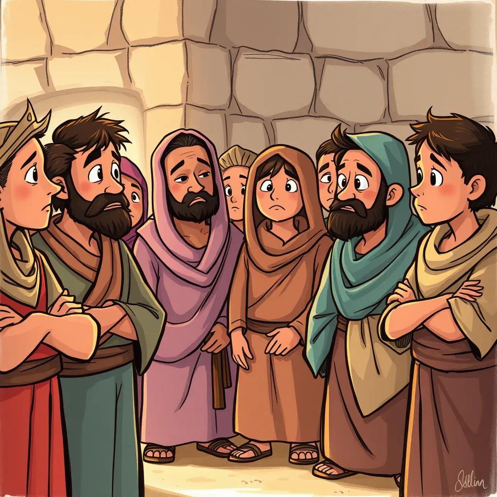 A group of townspeople, dressed in simple clothing, listening to Qarun speak about his wealth, with looks of disbelief and concern on their faces, illustration, warm light, community atmosphere, child-friendly