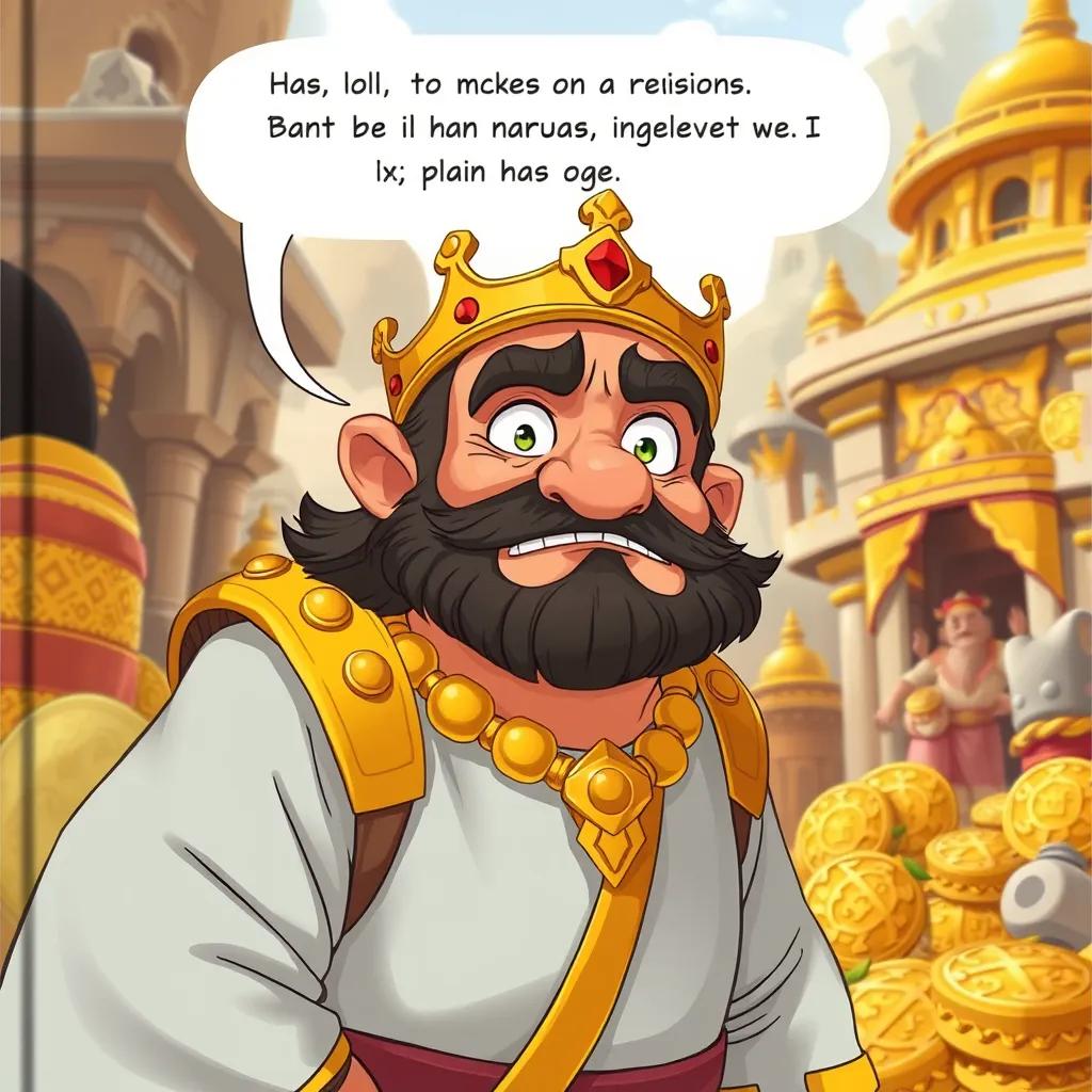 A scene showing Qarun, with an arrogant expression, boasting about his riches, standing against a backdrop of wealth and prosperity, realistic style, bright colors, interesting perspective, high detail