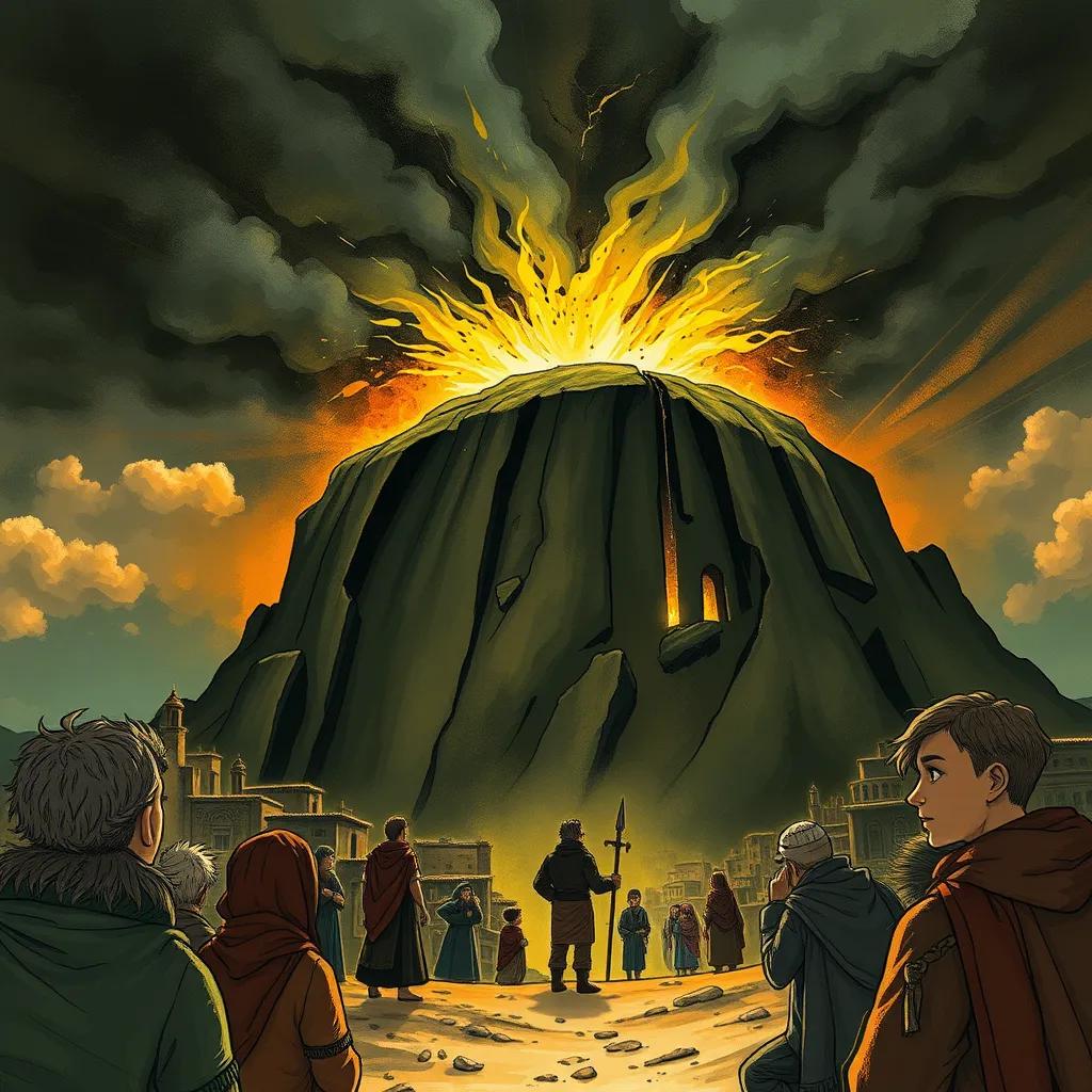 A dramatic moment when Qarun is suddenly swallowed by the earth, with shocked townspeople watching in astonishment, dark tones, suspenseful atmosphere, impactful imagery, high quality