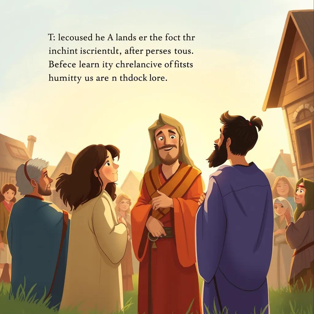 The townspeople after the incident, talking among themselves, reflecting on the lessons learned about humility and gratitude, gentle light, warm colors, heartwarming scene, emotional quality