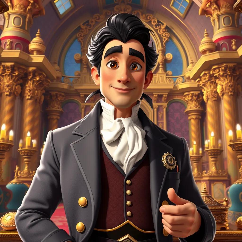 A scene of Karun, a wealthy man, with an extravagant palace in the background, wearing finely tailored clothes and surrounded by treasures, digital art, bright colors, luxurious atmosphere, high quality