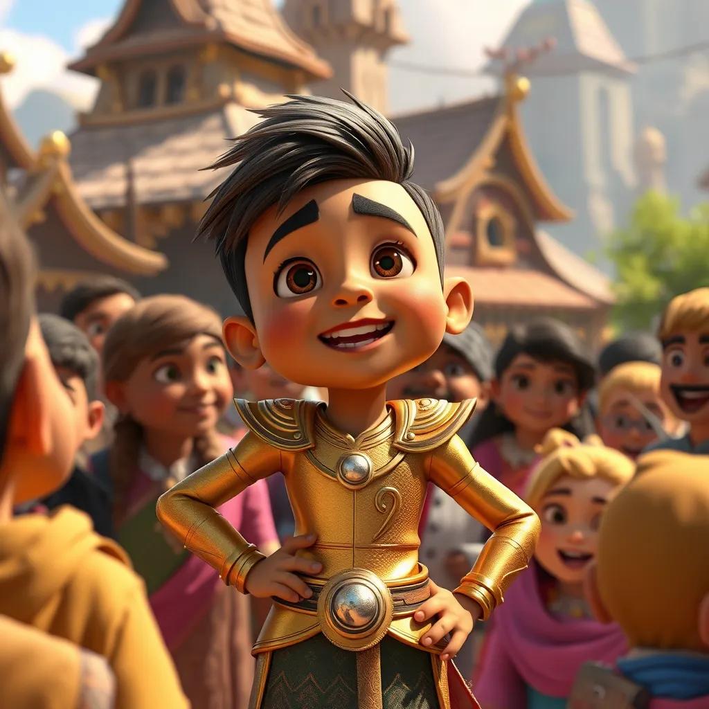 Karun confidently speaking to townspeople, in a shiny golden outfit, with a proud expression, amidst a crowd of curious onlookers, cheerful colors, lively setting, high quality
