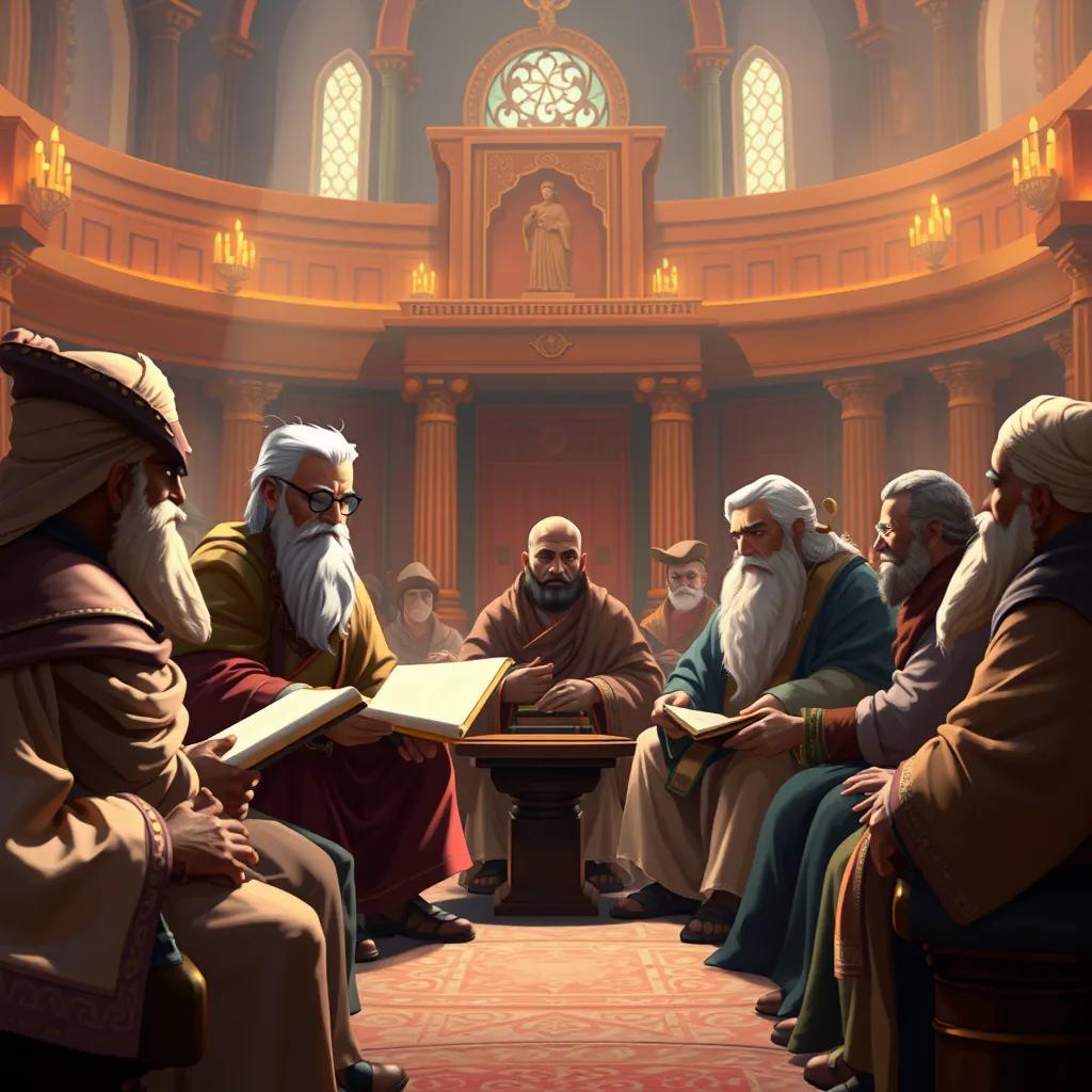 Karun talking to wise scholars, seated in a grand hall, with scrolls and books around them, digital painting, warm light, inviting atmosphere, high quality