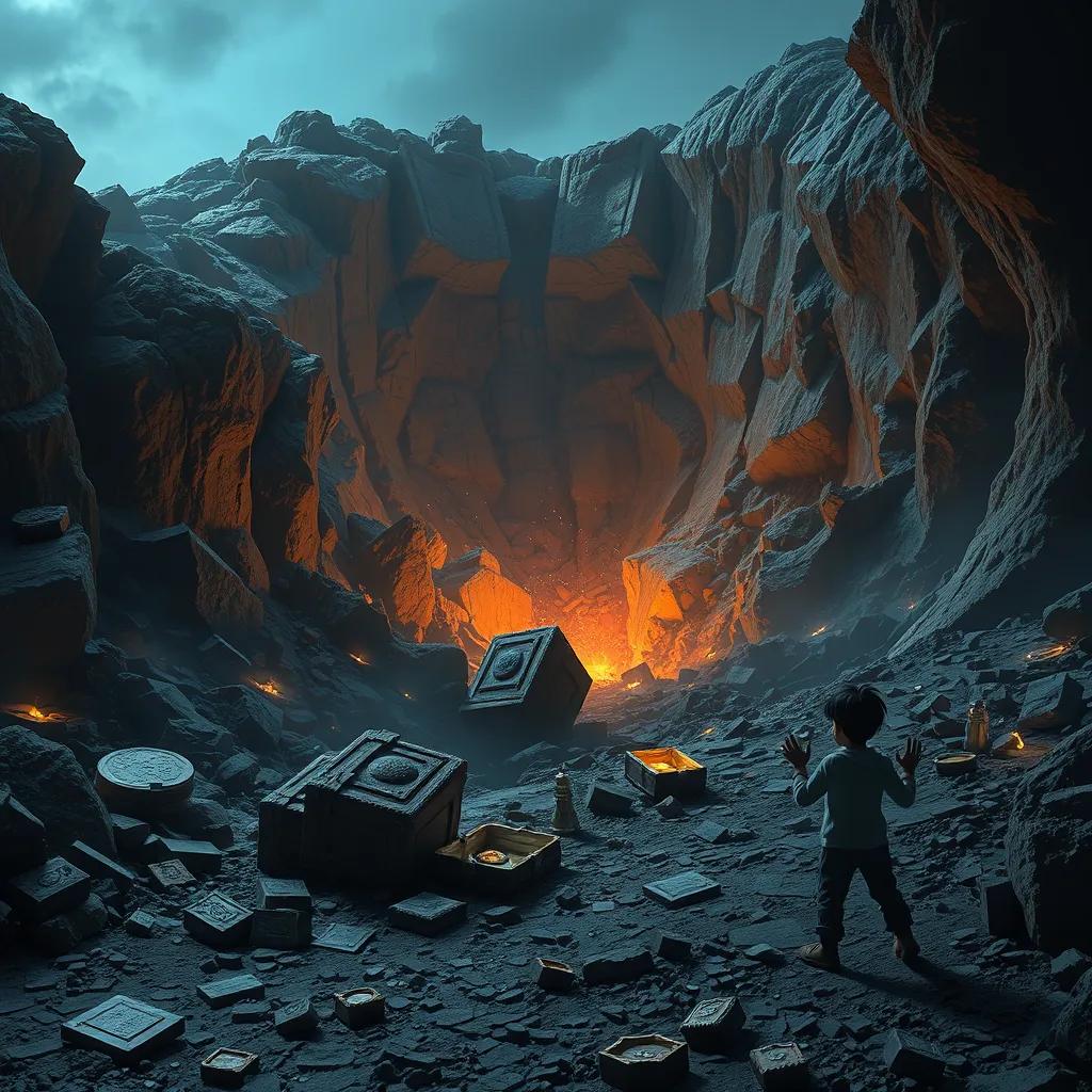 A dramatic scene of a large earthquake shaking the ground, with treasures sinking into the earth and Karun looking shocked, dark colors, intense atmosphere, high quality