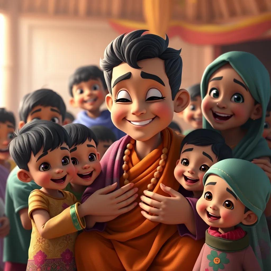 Karun helping the poor and orphans, with an expression of compassion, surrounded by happy children and families, bright colors, uplifting mood, high quality