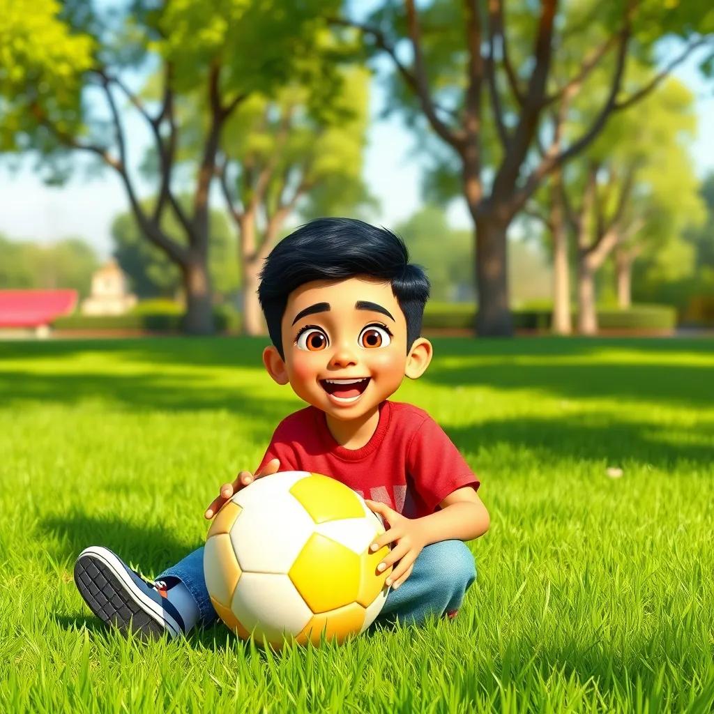 A young Arab boy, Sami, with short black hair, wearing casual clothes, sitting on the grass in a park, excitedly holding a ball, sunny day, vibrant colors, cheerful atmosphere, high quality