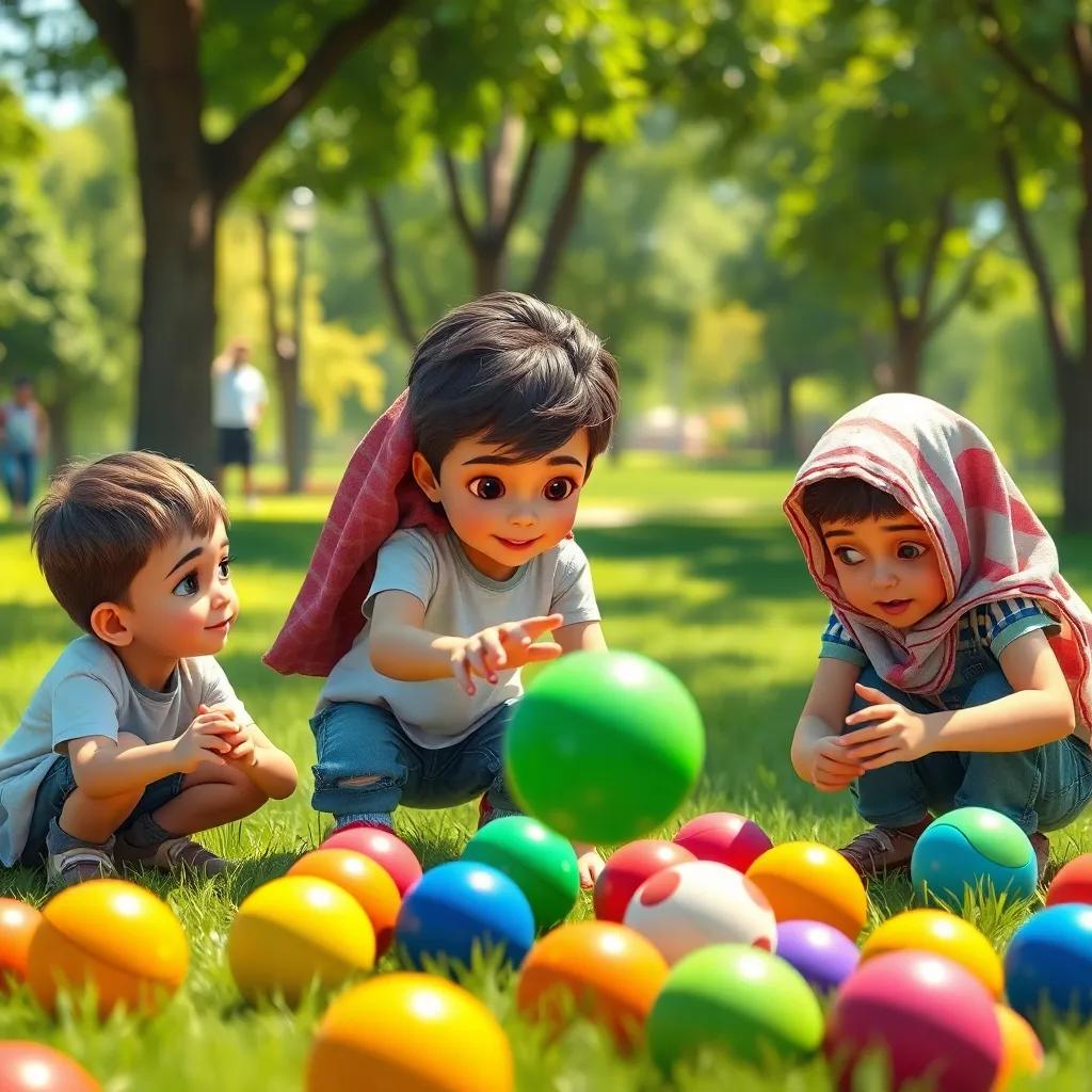 A group of young Arab children, including Sami, experimenting with colorful balls in a green park, studying their movement with curiosity, bright sunlight, playful atmosphere, child-friendly, detailed