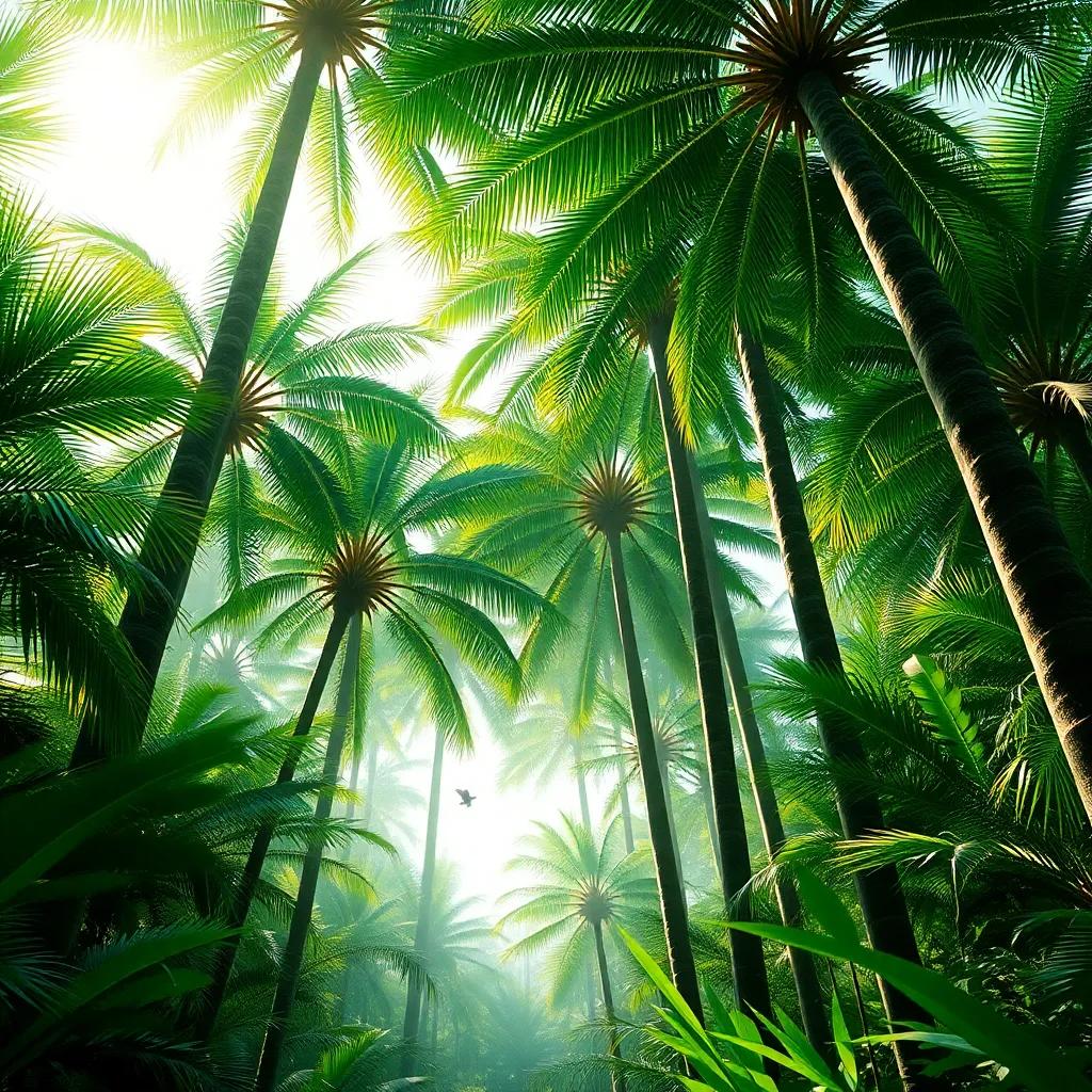 A green tropical jungle with tall trees, birds flying, and sunlight streaming through leaves, digital art, vibrant colors, inviting atmosphere, high quality