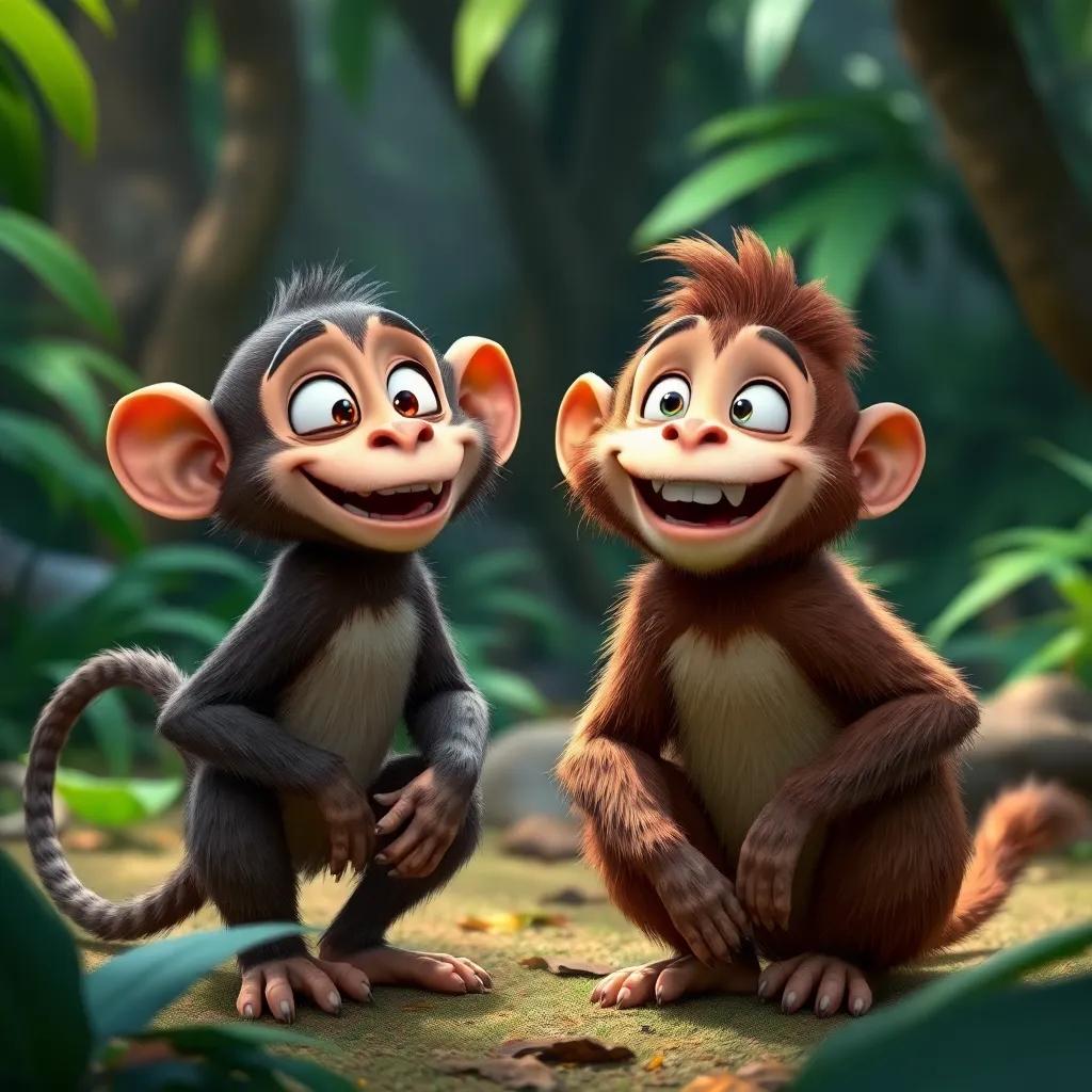 Two playful monkeys, Toto and Zizo, in the jungle, with a long tail for Toto and brown fur for Zizo, smiling and talking excitedly, highly detailed, cheerful vibe, high quality