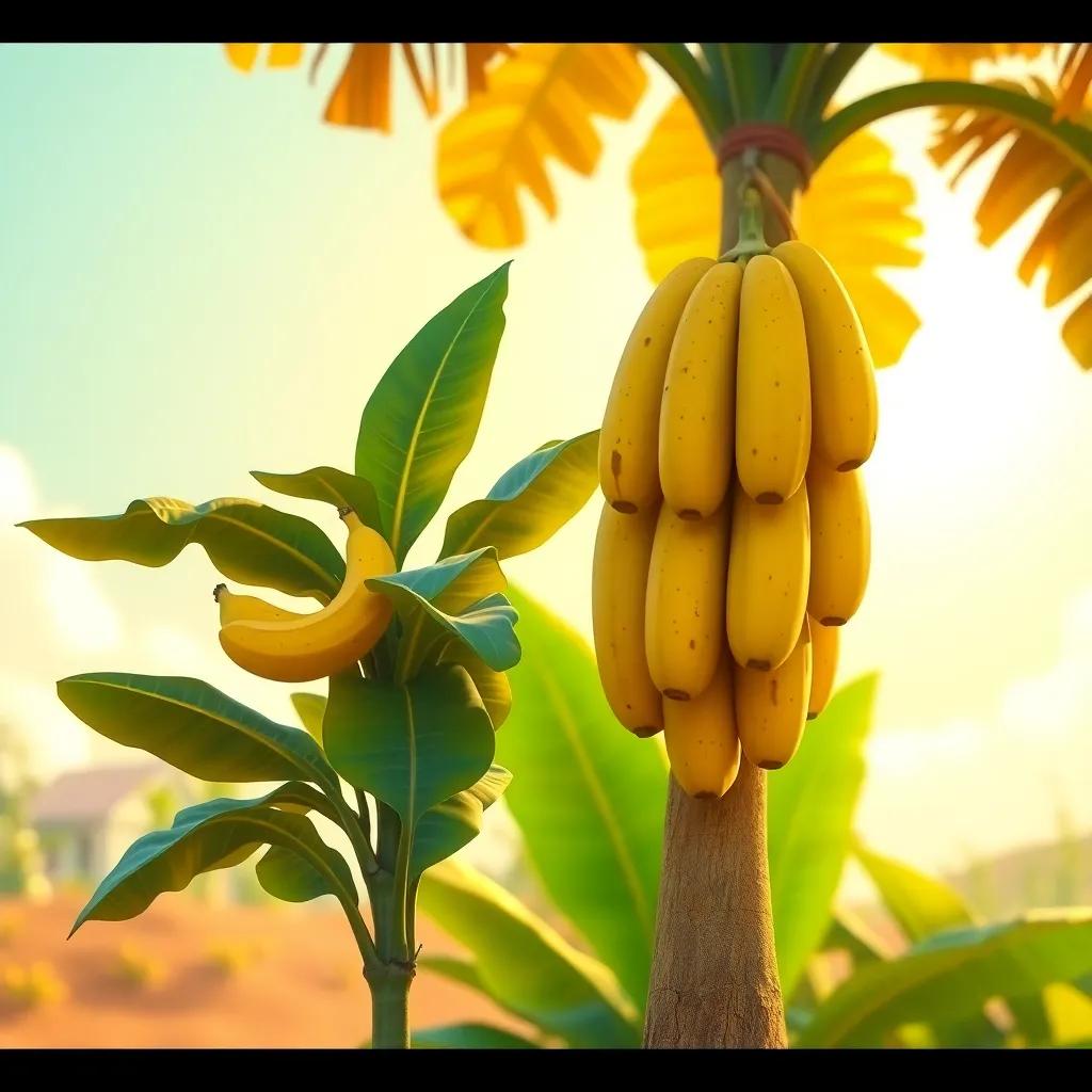 A small banana tree with one ripe banana on it, next to a large banana tree with four ripe bananas hanging, sunny background, digital art, colorful, warm light, storytelling view